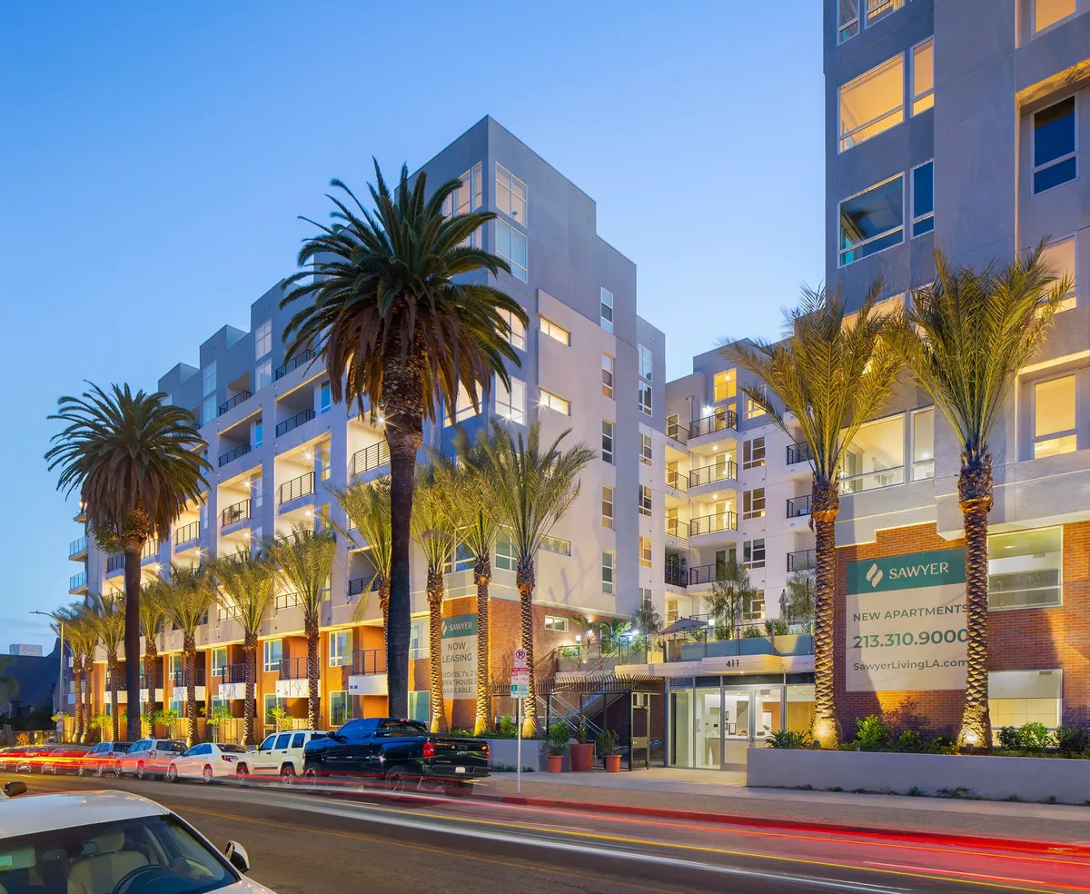 Exterior view of The Sawyer apartment building