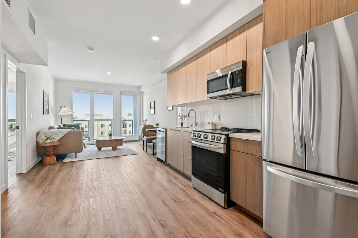 Living room in a 1-bedroom at Somi - affordable apartments in Los Angeles