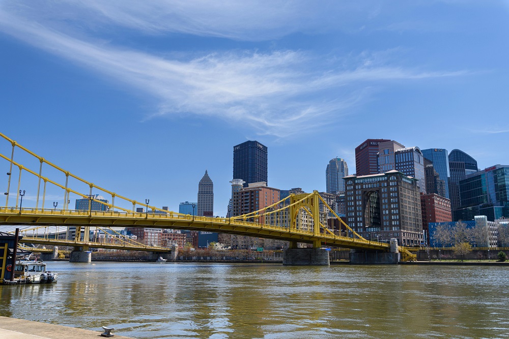 Iconic Pittsburgh Skyline and Yellow Bridge